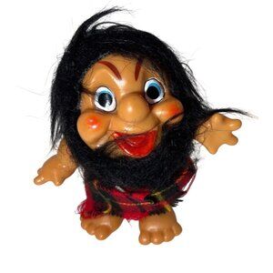 Vintage Troll Doll With Black Hair & Red Plaid Outfit  4"